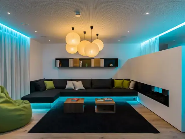 Smart RBGW lighting creating a cool ambient scene in a modern living room